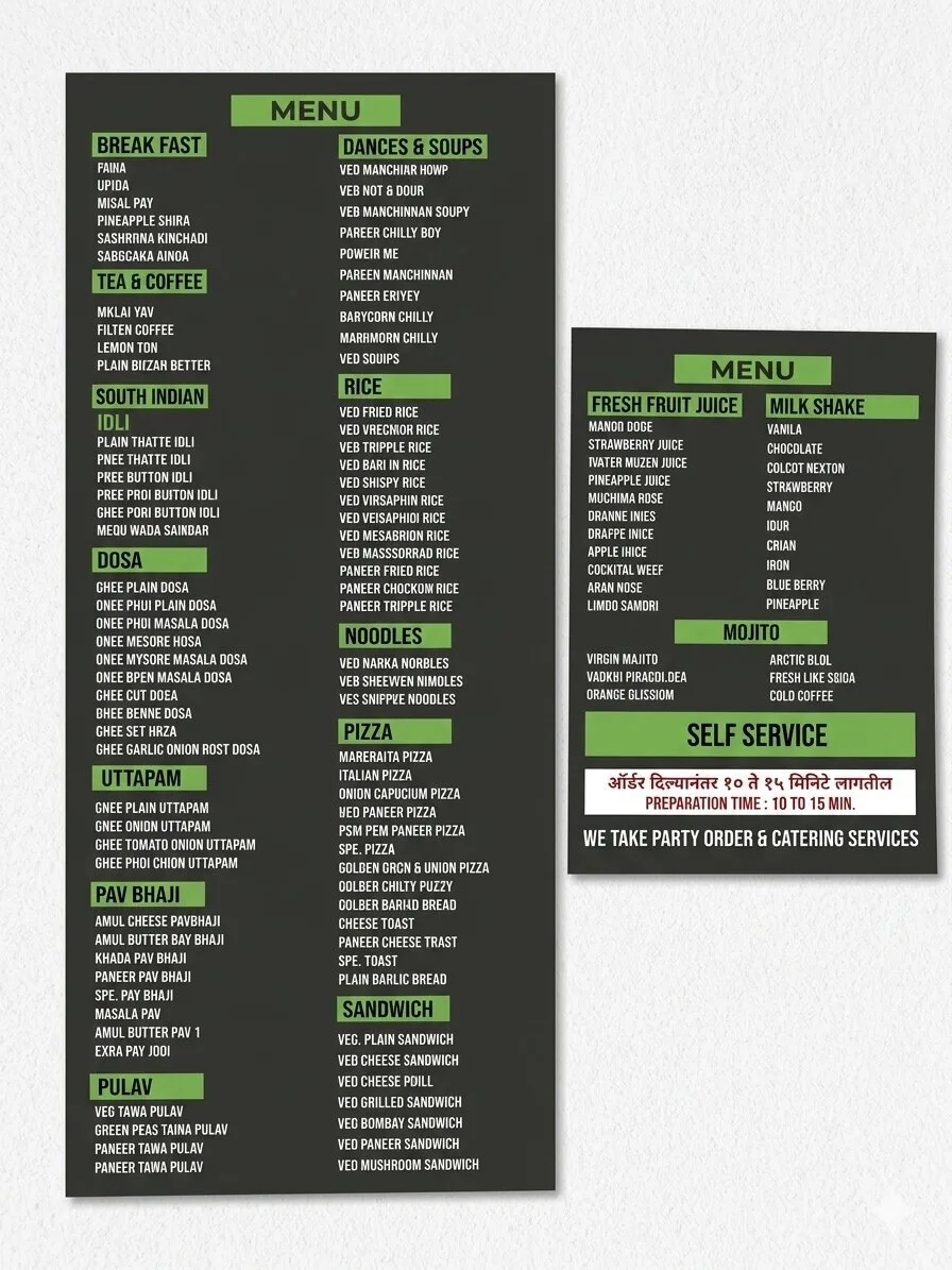 Full menu board showing South Indian, Chinese, Pizza, Pav Bhaji at Ram Krishna Hari
